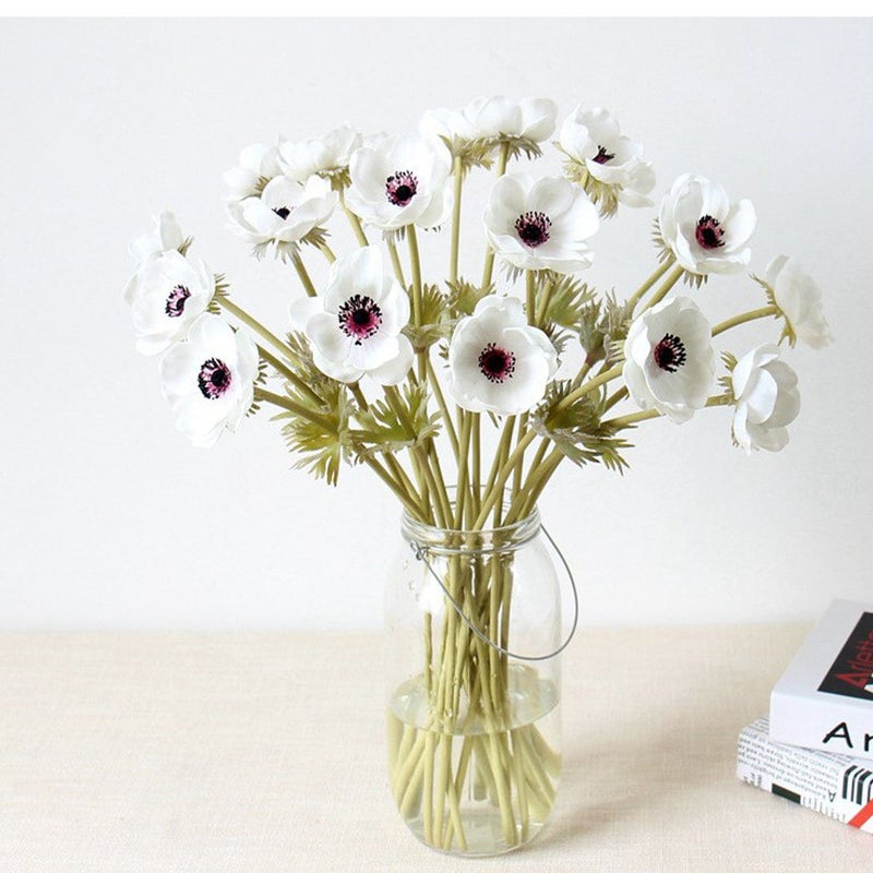 LebriTamFa 5Pcs Artifical Real Touch PU Anemone Flower Bouquet Room Home Decor (White) - Image 1
